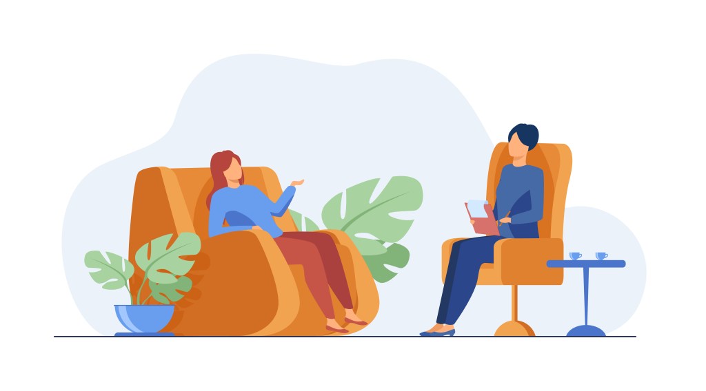 An illustration depicting a therapy session in a comfortable setting, featuring a therapist with a notebook and a client sitting in armchairs surrounded by indoor plants.