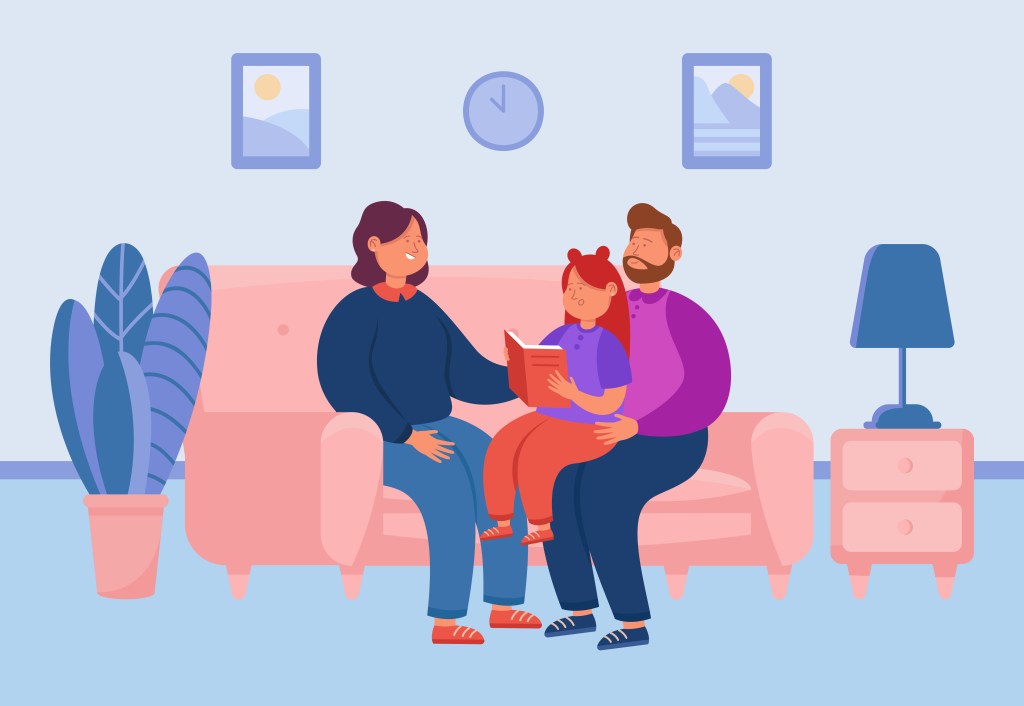 An illustration of a family sitting on a couch in a living room. A mother and father are reading a book to their child, who is sitting on one of their laps. The room has decorative elements like a plant, a lamp, and framed pictures on the walls.